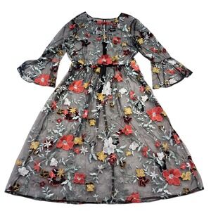 Black Sheer Whimsical Midi Dress Floral Embroidery Bell Sleeves Festival Fairy L